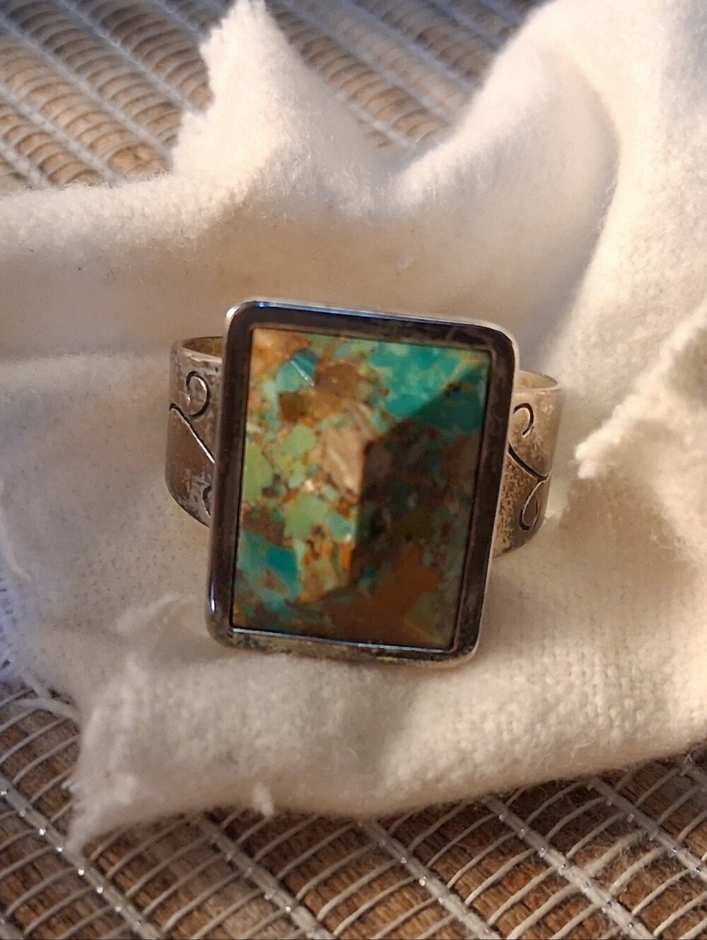 Vintage 925 Engraved Sterling Silver Rectangular Stone Statement Ring Sz 7-8